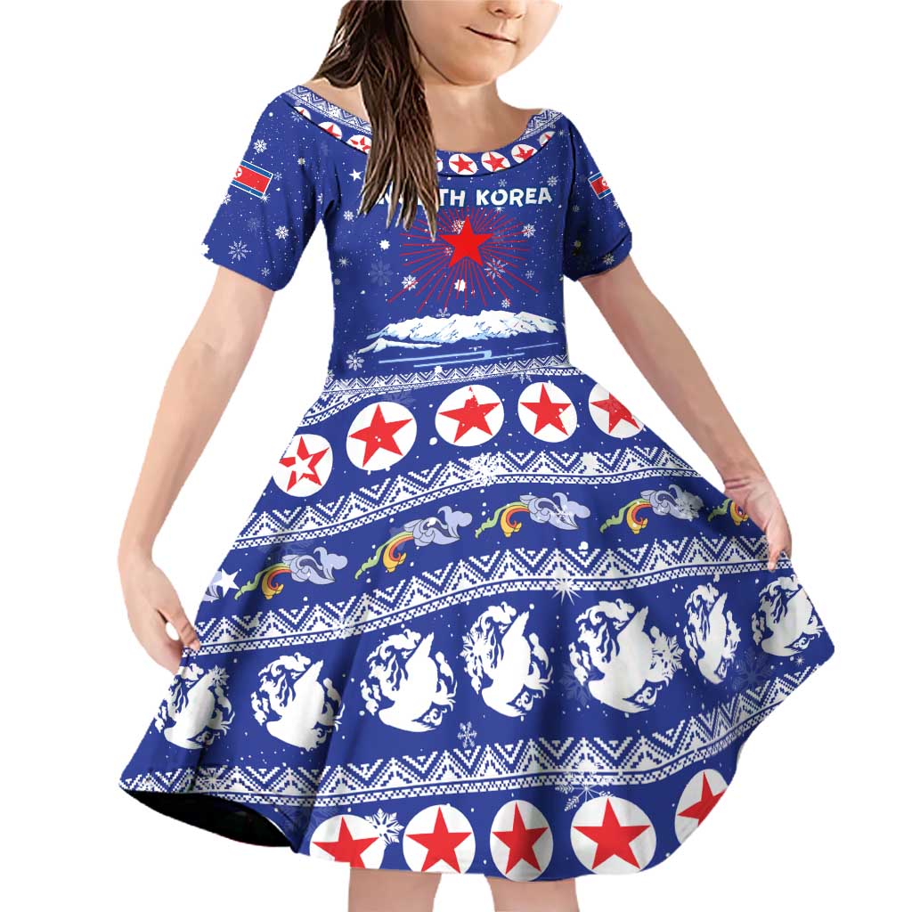 North Korea Christmas Family Matching Off Shoulder Short Dress and Hawaiian Shirt with Blue Pattern, Red Star, and Snowy Mountain Motif - Wonder Print Shop