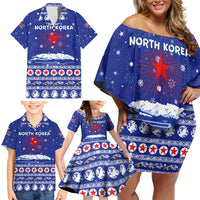 North Korea Christmas Family Matching Off Shoulder Short Dress and Hawaiian Shirt with Blue Pattern, Red Star, and Snowy Mountain Motif - Wonder Print Shop