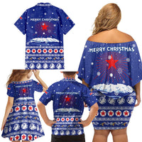 North Korea Christmas Family Matching Off Shoulder Short Dress and Hawaiian Shirt with Blue Pattern, Red Star, and Snowy Mountain Motif - Wonder Print Shop