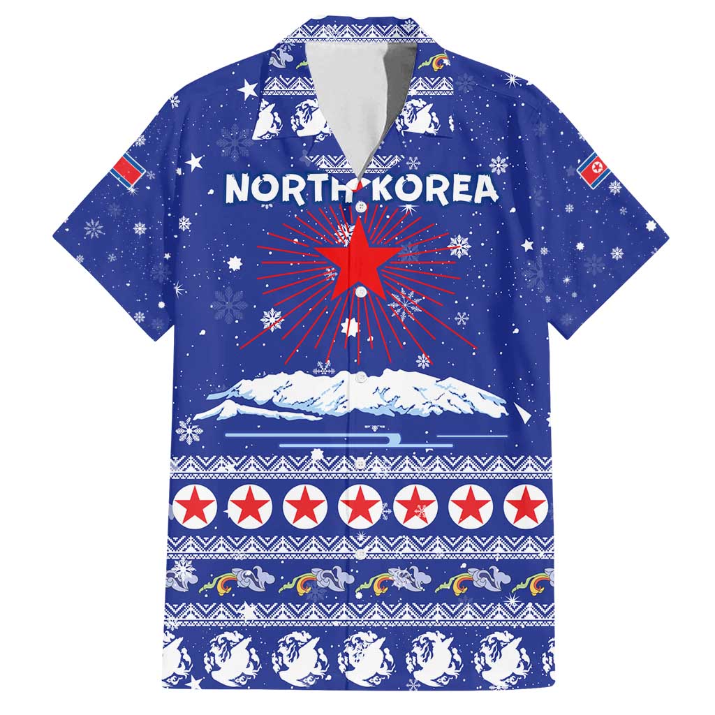 North Korea Christmas Family Matching Off Shoulder Short Dress and Hawaiian Shirt with Blue Pattern, Red Star, and Snowy Mountain Motif - Wonder Print Shop