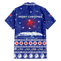 North Korea Christmas Family Matching Off Shoulder Short Dress and Hawaiian Shirt with Blue Pattern, Red Star, and Snowy Mountain Motif - Wonder Print Shop