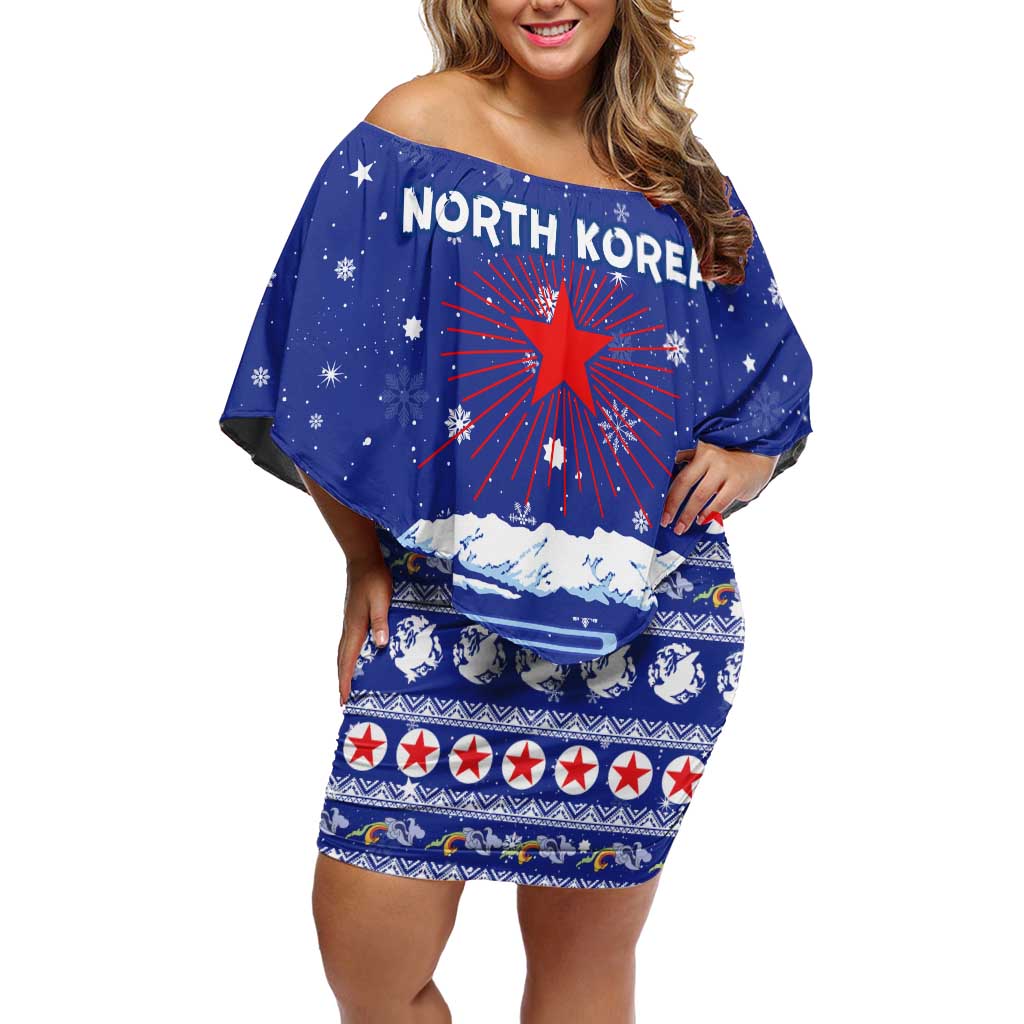North Korea Christmas Family Matching Off Shoulder Short Dress and Hawaiian Shirt with Blue Pattern, Red Star, and Snowy Mountain Motif - Wonder Print Shop