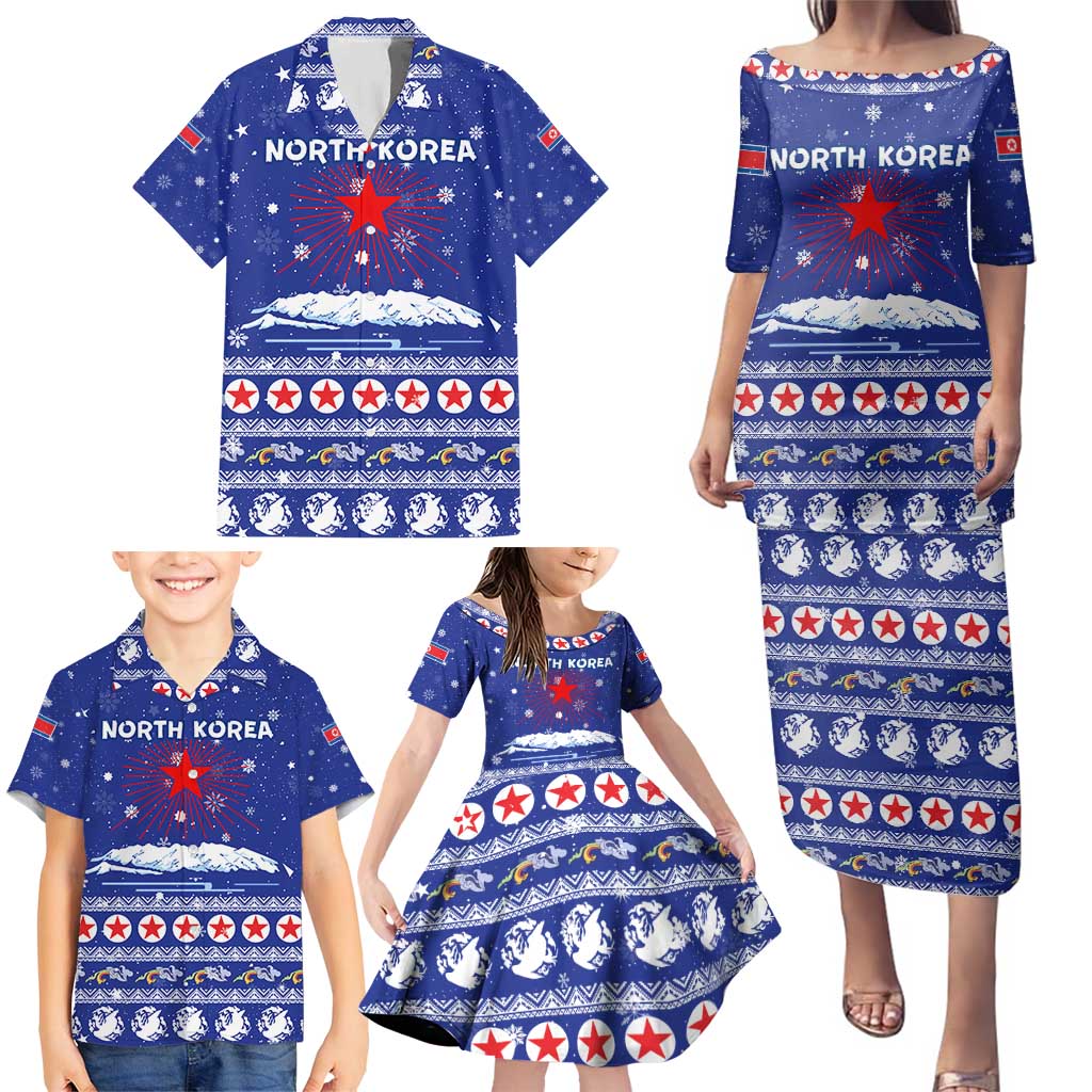 North Korea Christmas Family Matching Puletasi and Hawaiian Shirt with Blue Pattern, Red Star, and Snowy Mountain Motif - Wonder Print Shop