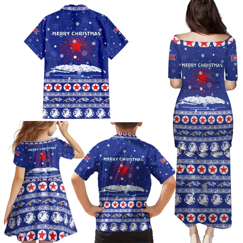 North Korea Christmas Family Matching Puletasi and Hawaiian Shirt with Blue Pattern, Red Star, and Snowy Mountain Motif - Wonder Print Shop