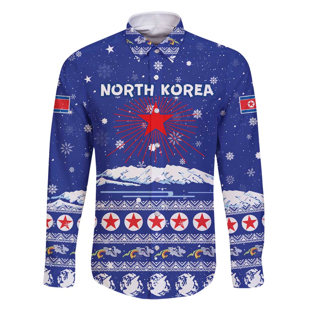 North Korea Christmas Family Matching Puletasi and Hawaiian Shirt with Blue Pattern, Red Star, and Snowy Mountain Motif - Wonder Print Shop