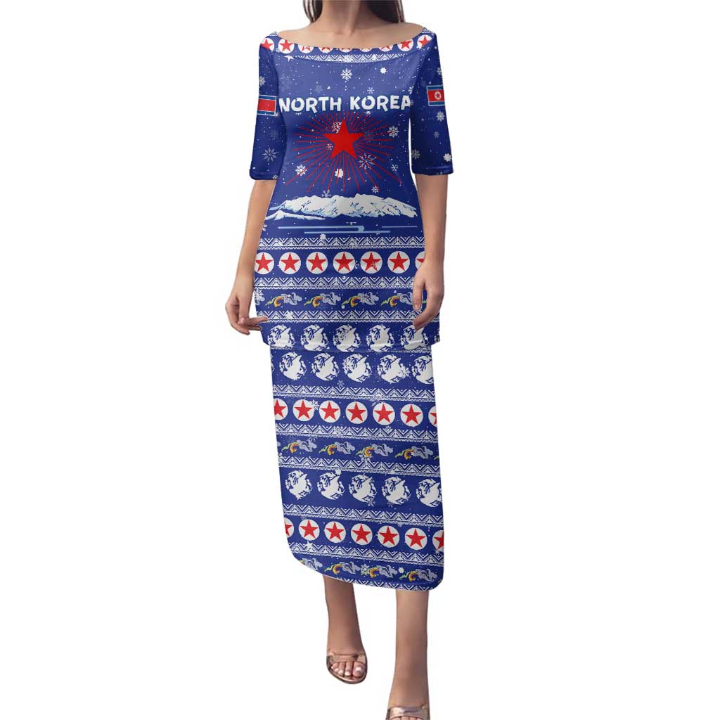 North Korea Christmas Family Matching Puletasi and Hawaiian Shirt with Blue Pattern, Red Star, and Snowy Mountain Motif - Wonder Print Shop