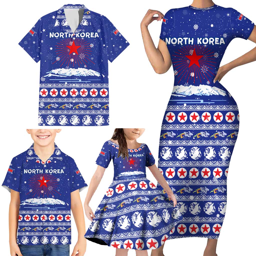 North Korea Christmas Family Matching Short Sleeve Bodycon Dress and Hawaiian Shirt with Blue Pattern, Red Star, and Snowy Mountain Motif - Wonder Print Shop