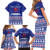 North Korea Christmas Family Matching Short Sleeve Bodycon Dress and Hawaiian Shirt with Blue Pattern, Red Star, and Snowy Mountain Motif - Wonder Print Shop
