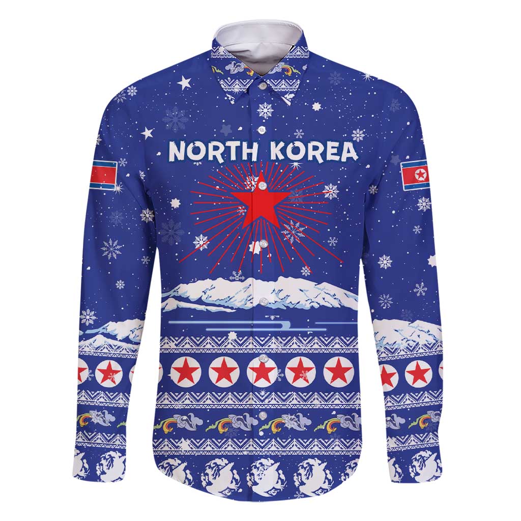 North Korea Christmas Family Matching Short Sleeve Bodycon Dress and Hawaiian Shirt with Blue Pattern, Red Star, and Snowy Mountain Motif - Wonder Print Shop
