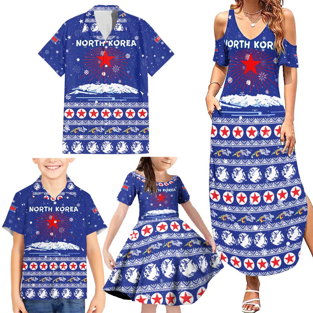 North Korea Christmas Family Matching Summer Maxi Dress and Hawaiian Shirt with Blue Pattern, Red Star, and Snowy Mountain Motif - Wonder Print Shop