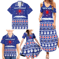 North Korea Christmas Family Matching Summer Maxi Dress and Hawaiian Shirt with Blue Pattern, Red Star, and Snowy Mountain Motif - Wonder Print Shop