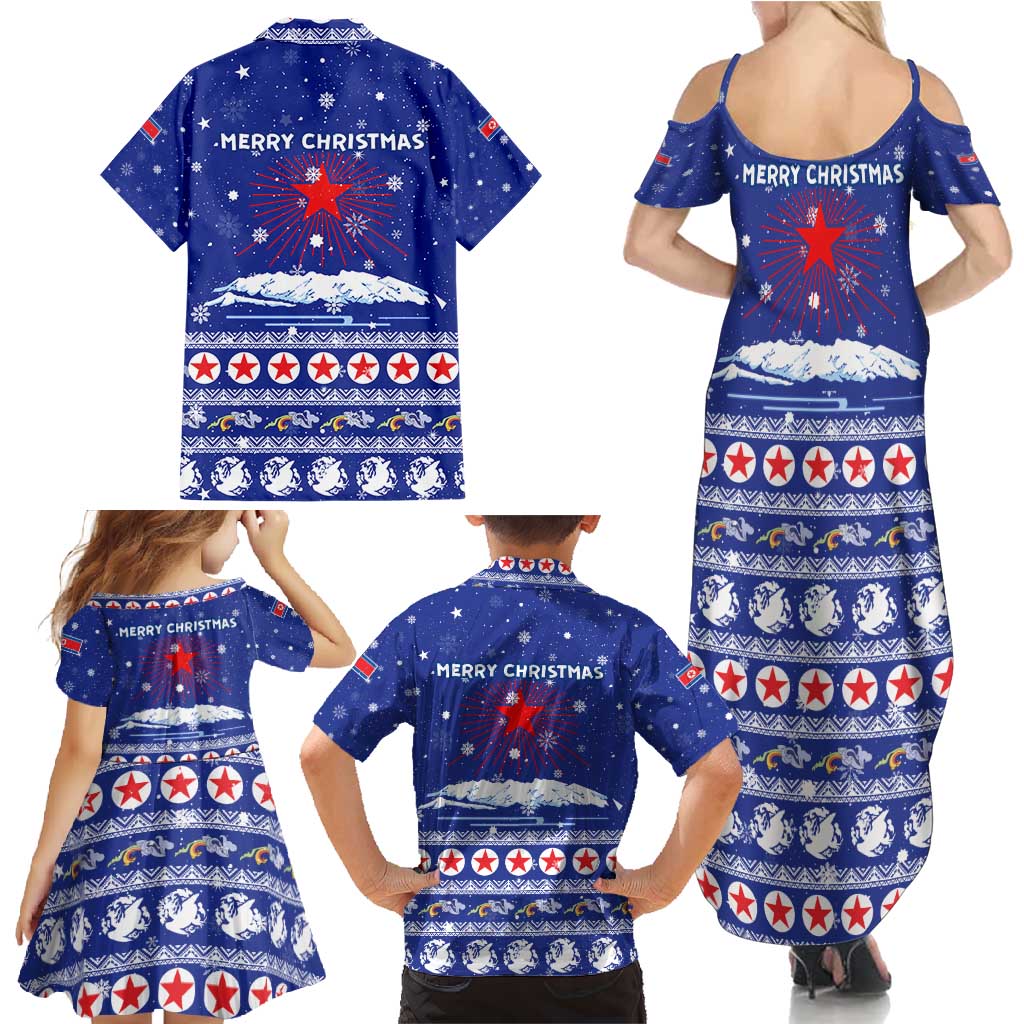 North Korea Christmas Family Matching Summer Maxi Dress and Hawaiian Shirt with Blue Pattern, Red Star, and Snowy Mountain Motif - Wonder Print Shop