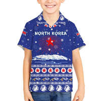 North Korea Christmas Family Matching Summer Maxi Dress and Hawaiian Shirt with Blue Pattern, Red Star, and Snowy Mountain Motif - Wonder Print Shop