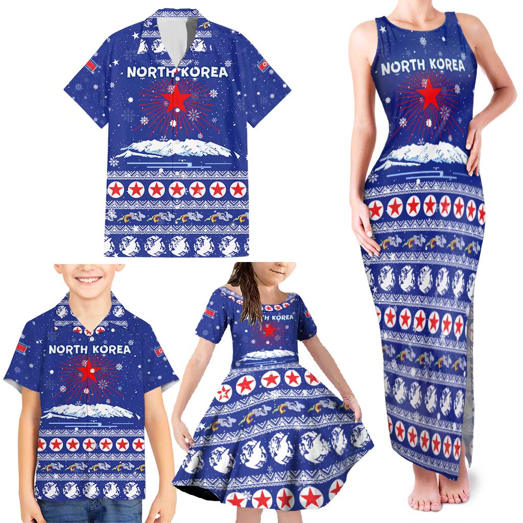 North Korea Christmas Family Matching Tank Maxi Dress and Hawaiian Shirt with Blue Pattern, Red Star, and Snowy Mountain Motif - Wonder Print Shop