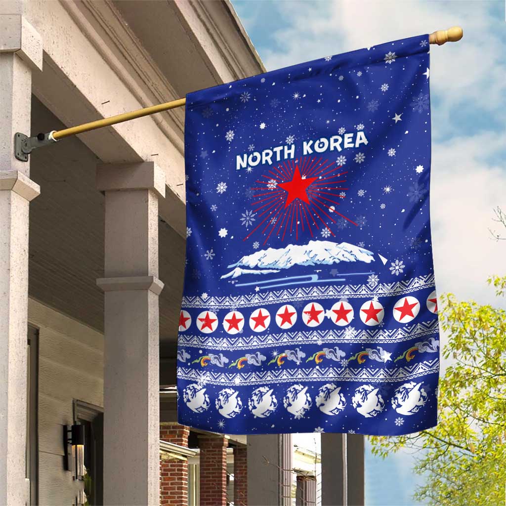 North Korea Christmas Garden Flag with Blue Pattern, Red Star, and Snowy Mountain Motif - Wonder Print Shop