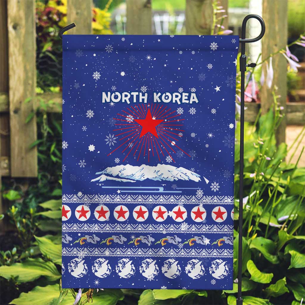 North Korea Christmas Garden Flag with Blue Pattern, Red Star, and Snowy Mountain Motif - Wonder Print Shop
