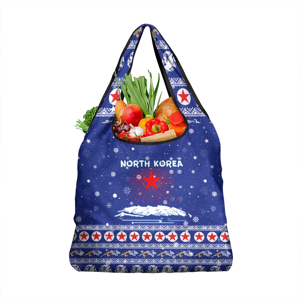 North Korea Christmas Grocery Bag with Blue Pattern, Red Star, and Snowy Mountain Motif - Wonder Print Shop