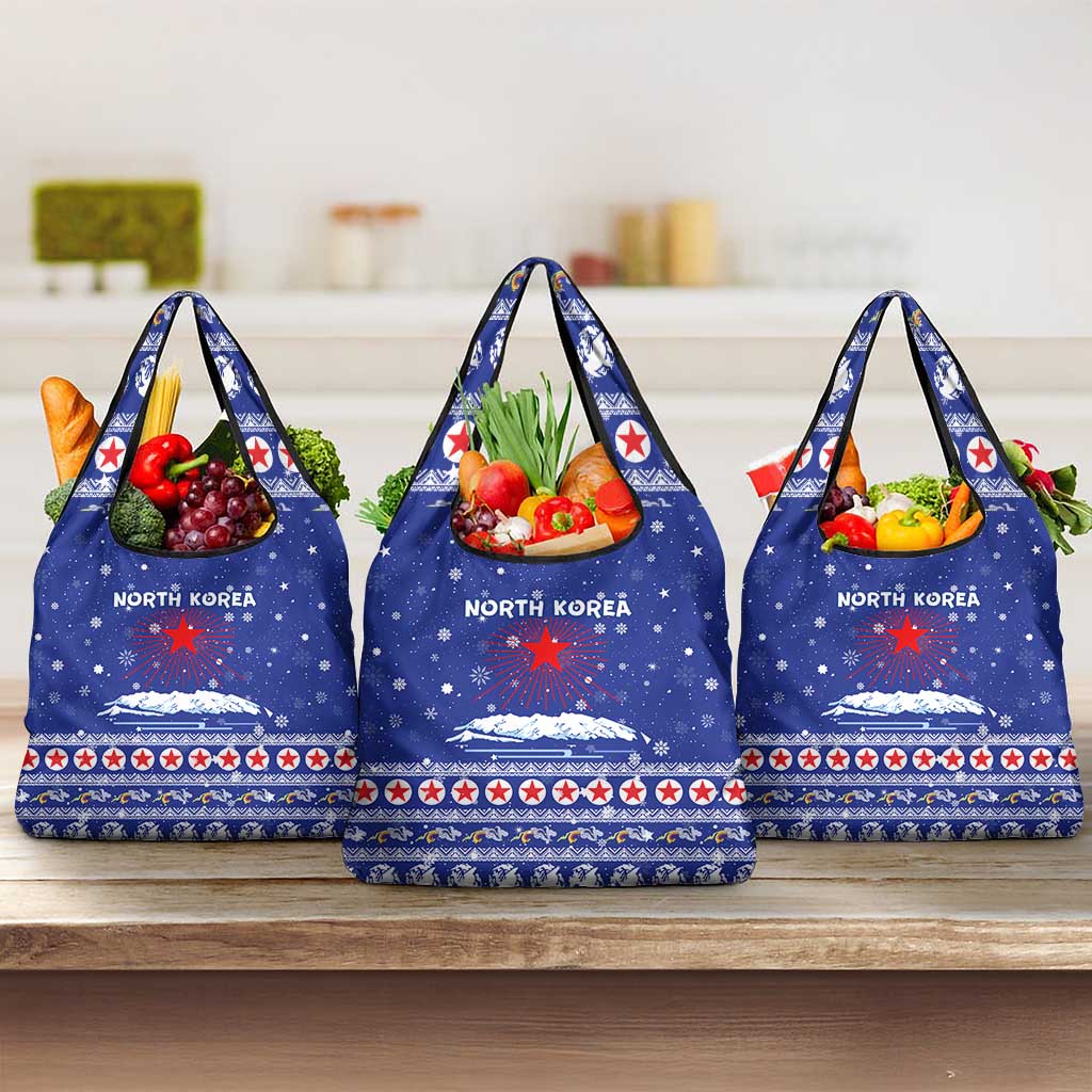 North Korea Christmas Grocery Bag with Blue Pattern, Red Star, and Snowy Mountain Motif - Wonder Print Shop