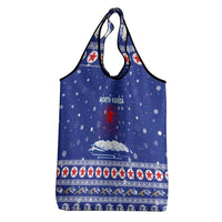 North Korea Christmas Grocery Bag with Blue Pattern, Red Star, and Snowy Mountain Motif - Wonder Print Shop