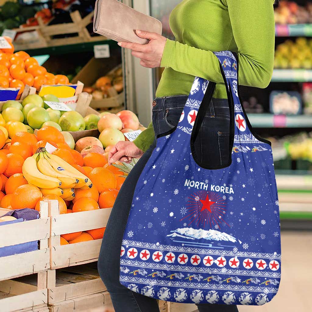North Korea Christmas Grocery Bag with Blue Pattern, Red Star, and Snowy Mountain Motif - Wonder Print Shop