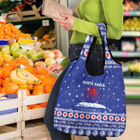 North Korea Christmas Grocery Bag with Blue Pattern, Red Star, and Snowy Mountain Motif - Wonder Print Shop