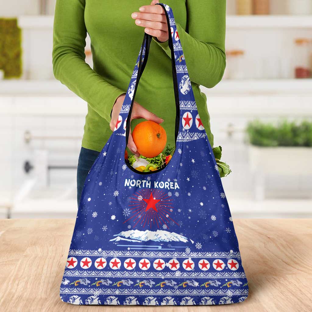 North Korea Christmas Grocery Bag with Blue Pattern, Red Star, and Snowy Mountain Motif - Wonder Print Shop