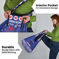 North Korea Christmas Grocery Bag with Blue Pattern, Red Star, and Snowy Mountain Motif - Wonder Print Shop