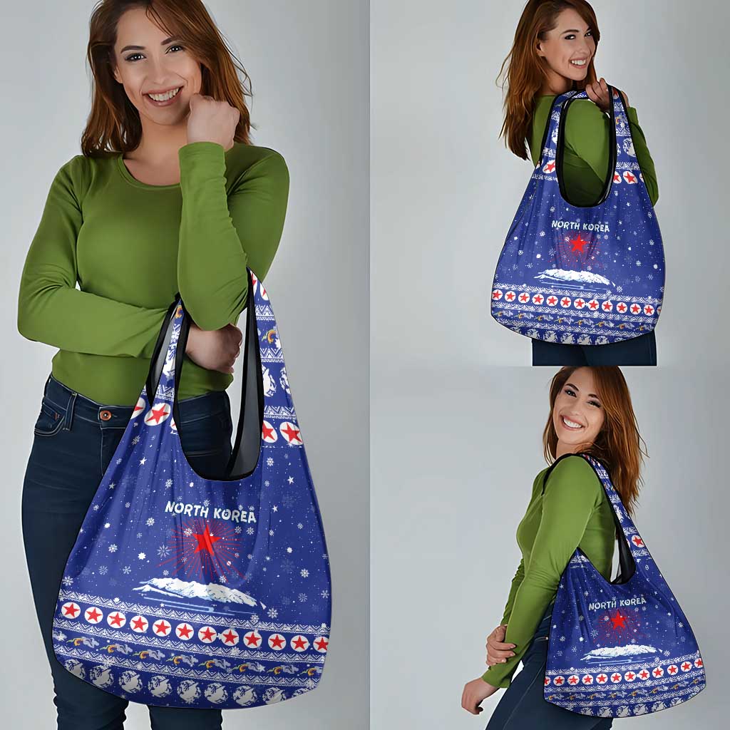 North Korea Christmas Grocery Bag with Blue Pattern, Red Star, and Snowy Mountain Motif - Wonder Print Shop
