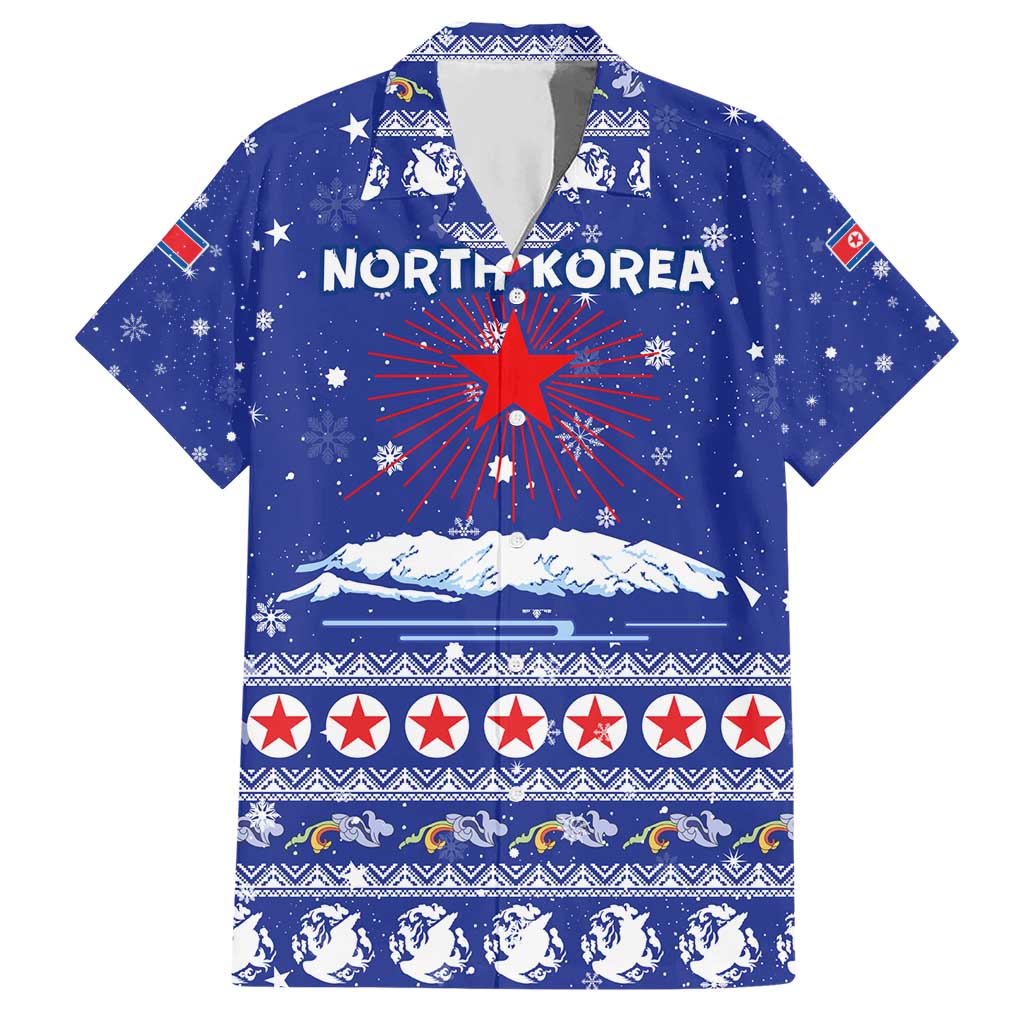 North Korea Christmas Hawaiian Shirt with Blue Pattern, Red Star, and Snowy Mountain Motif - Wonder Print Shop