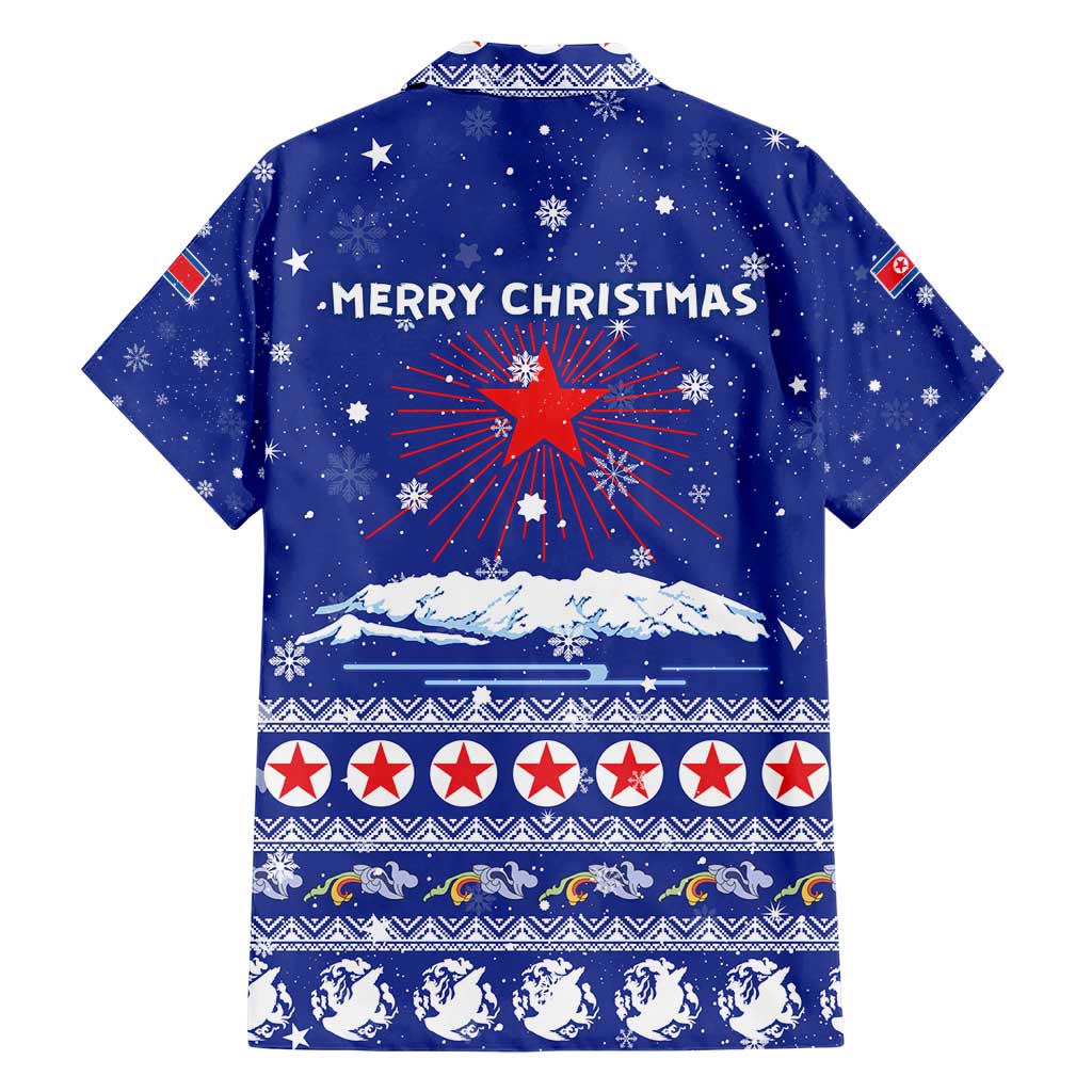 North Korea Christmas Hawaiian Shirt with Blue Pattern, Red Star, and Snowy Mountain Motif - Wonder Print Shop