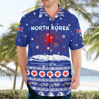 North Korea Christmas Hawaiian Shirt with Blue Pattern, Red Star, and Snowy Mountain Motif - Wonder Print Shop