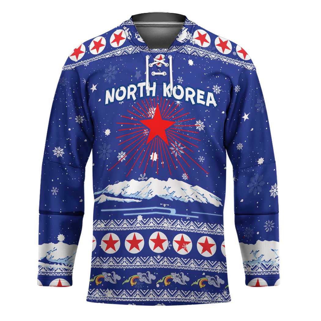 North Korea Christmas Hockey Jersey with Blue Pattern, Red Star, and Snowy Mountain Motif - Wonder Print Shop