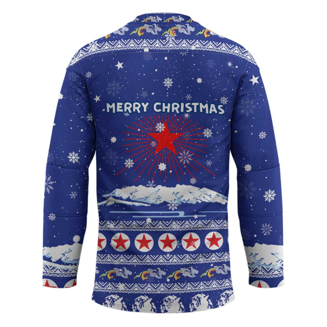 North Korea Christmas Hockey Jersey with Blue Pattern, Red Star, and Snowy Mountain Motif - Wonder Print Shop