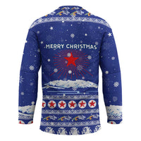 North Korea Christmas Hockey Jersey with Blue Pattern, Red Star, and Snowy Mountain Motif - Wonder Print Shop