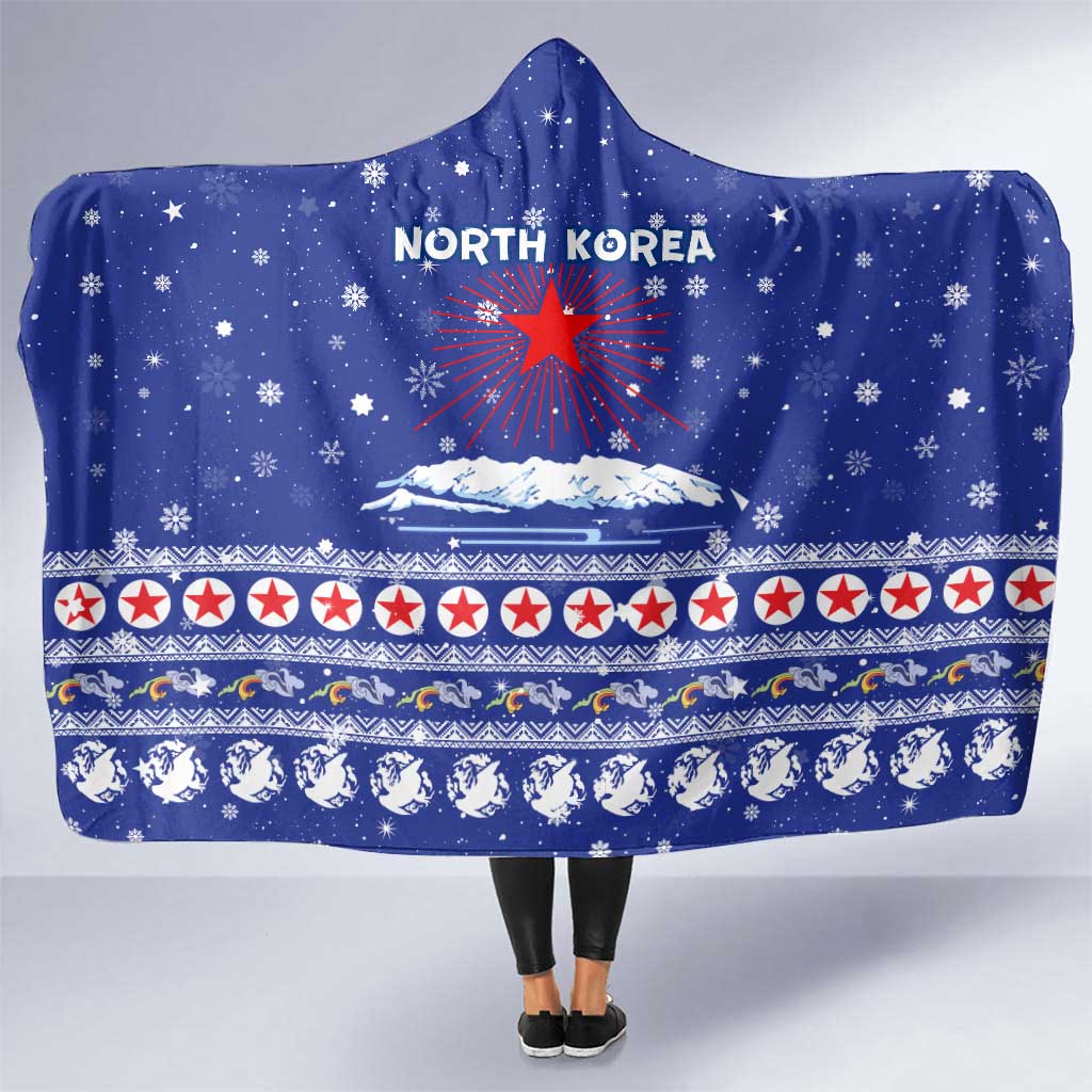 North Korea Christmas Hooded Blanket with Blue Pattern, Red Star, and Snowy Mountain Motif - Wonder Print Shop