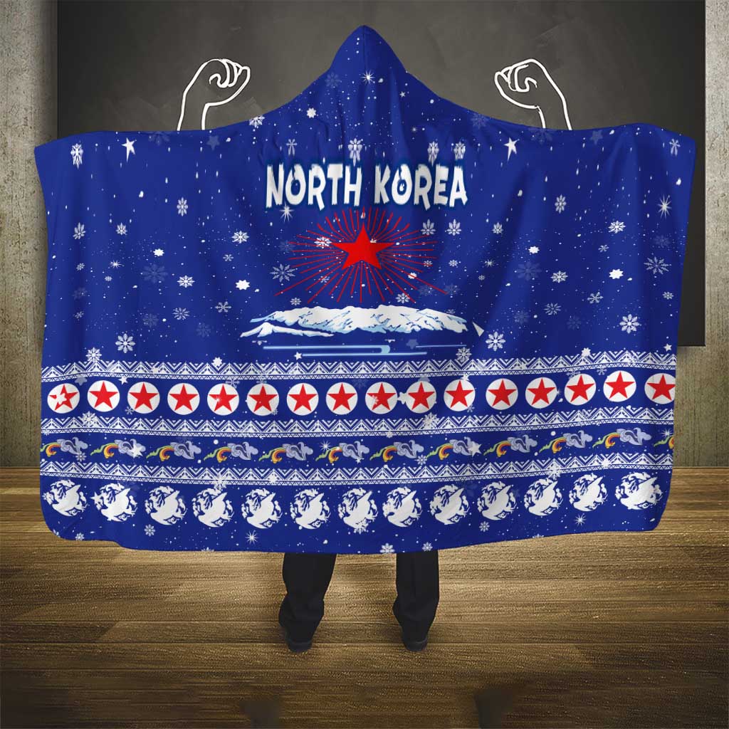 North Korea Christmas Hooded Blanket with Blue Pattern, Red Star, and Snowy Mountain Motif - Wonder Print Shop