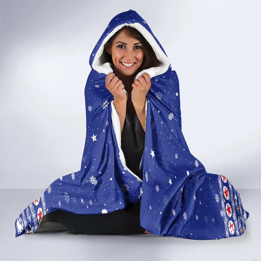 North Korea Christmas Hooded Blanket with Blue Pattern, Red Star, and Snowy Mountain Motif - Wonder Print Shop