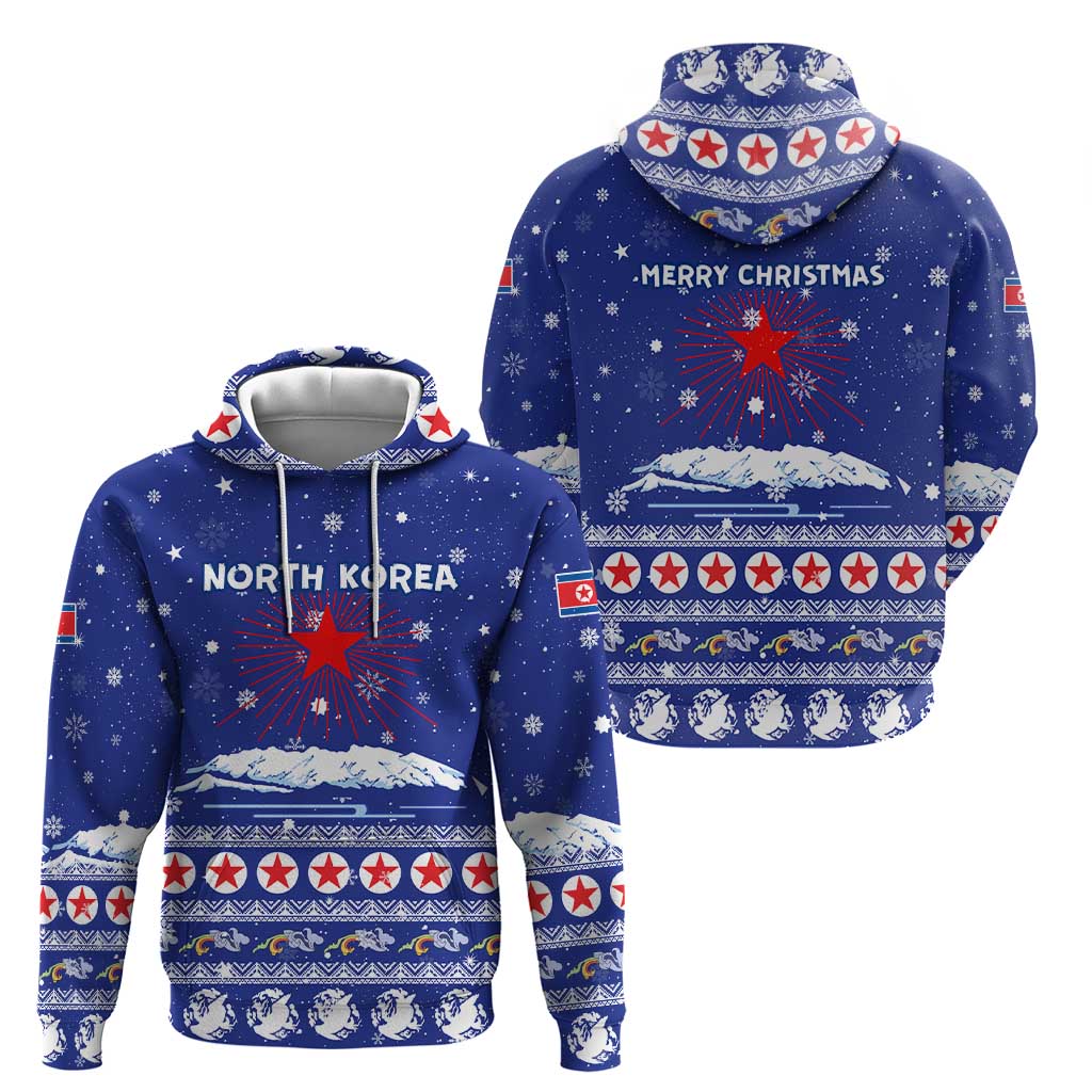 North Korea Christmas Hoodie with Blue Pattern, Red Star, and Snowy Mountain Motif - Wonder Print Shop