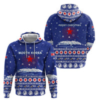 North Korea Christmas Hoodie with Blue Pattern, Red Star, and Snowy Mountain Motif - Wonder Print Shop