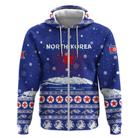 North Korea Christmas Hoodie with Blue Pattern, Red Star, and Snowy Mountain Motif - Wonder Print Shop