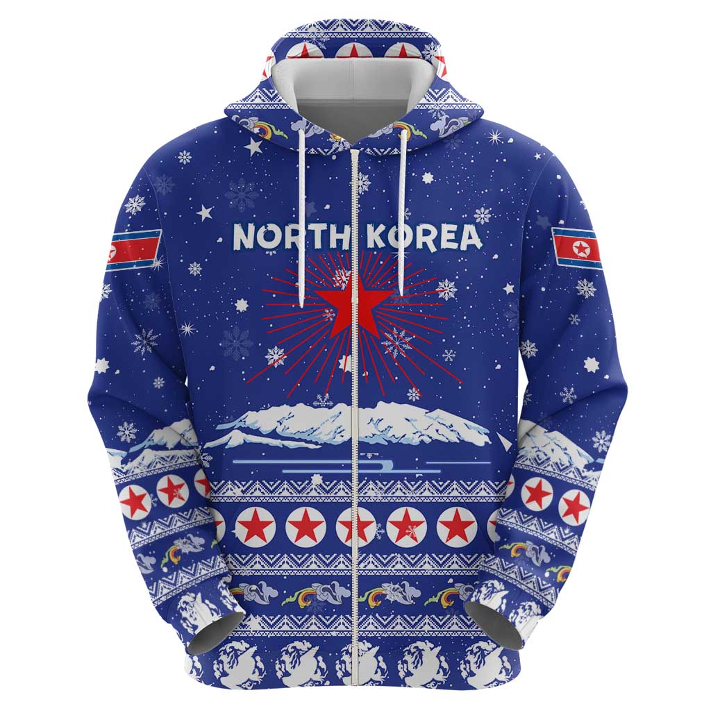 North Korea Christmas Hoodie with Blue Pattern, Red Star, and Snowy Mountain Motif - Wonder Print Shop