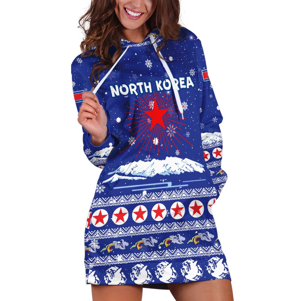North Korea Christmas Hoodie Dress with Blue Pattern, Red Star, and Snowy Mountain Motif - Wonder Print Shop