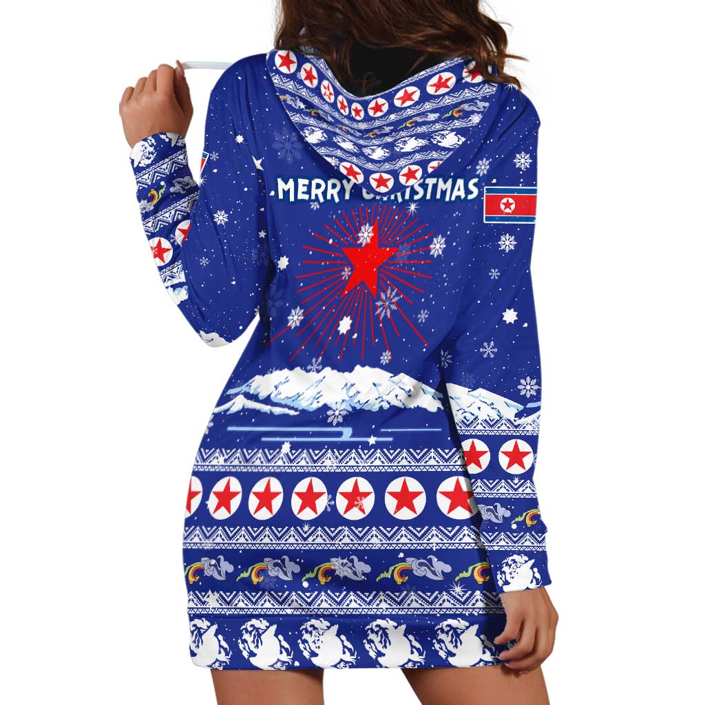 North Korea Christmas Hoodie Dress with Blue Pattern, Red Star, and Snowy Mountain Motif - Wonder Print Shop