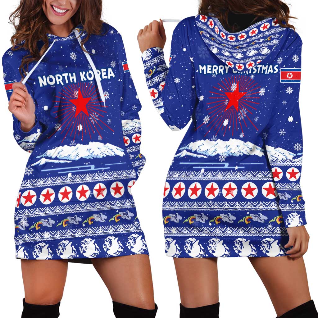 North Korea Christmas Hoodie Dress with Blue Pattern, Red Star, and Snowy Mountain Motif - Wonder Print Shop