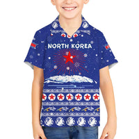 North Korea Christmas Kid Hawaiian Shirt with Blue Pattern, Red Star, and Snowy Mountain Motif - Wonder Print Shop