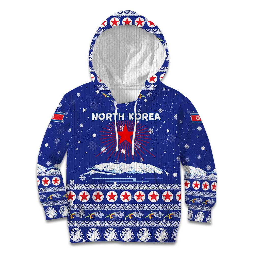North Korea Christmas Kid Hoodie with Blue Pattern, Red Star, and Snowy Mountain Motif - Wonder Print Shop