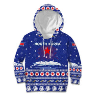 North Korea Christmas Kid Hoodie with Blue Pattern, Red Star, and Snowy Mountain Motif - Wonder Print Shop