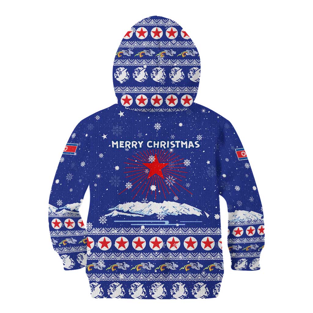 North Korea Christmas Kid Hoodie with Blue Pattern, Red Star, and Snowy Mountain Motif - Wonder Print Shop