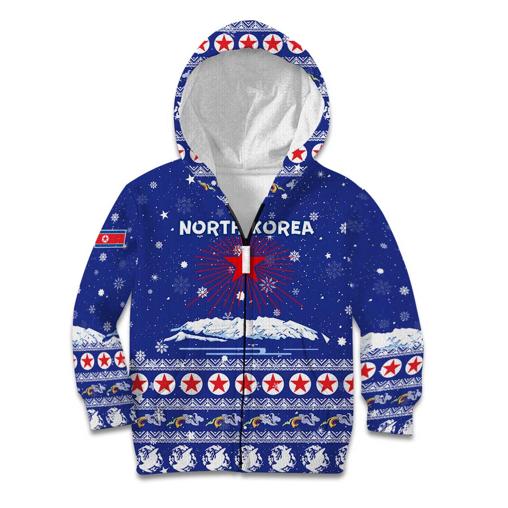 North Korea Christmas Kid Hoodie with Blue Pattern, Red Star, and Snowy Mountain Motif - Wonder Print Shop