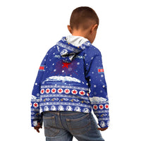 North Korea Christmas Kid Hoodie with Blue Pattern, Red Star, and Snowy Mountain Motif - Wonder Print Shop